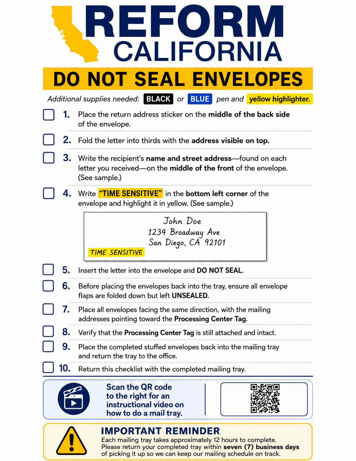 Mail tray instruction sheet — DO NOT SEAL ENVELOPES: the ten steps above, a sample hand-addressed envelope marked Time Sensitive, and a QR code linking a how-to video.
